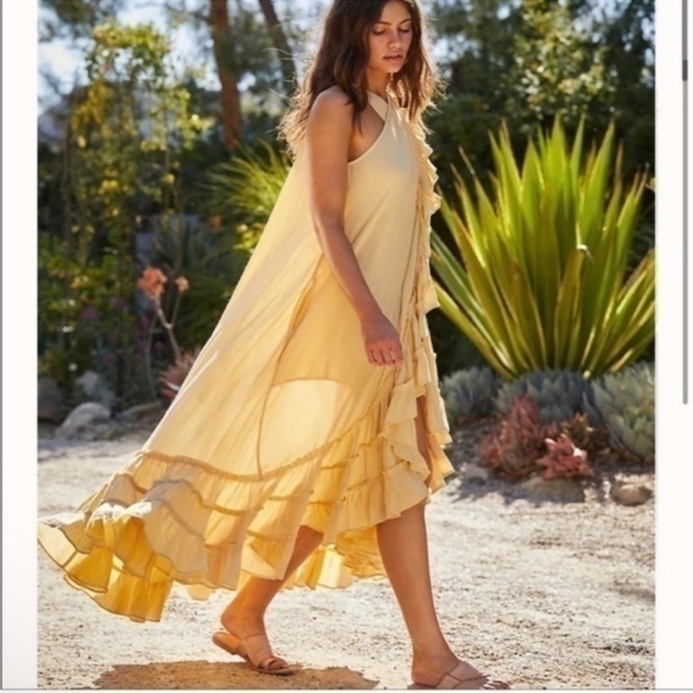 New Free People Wrap Ruffle Halter Maxi Dress Yellow Ginger XS